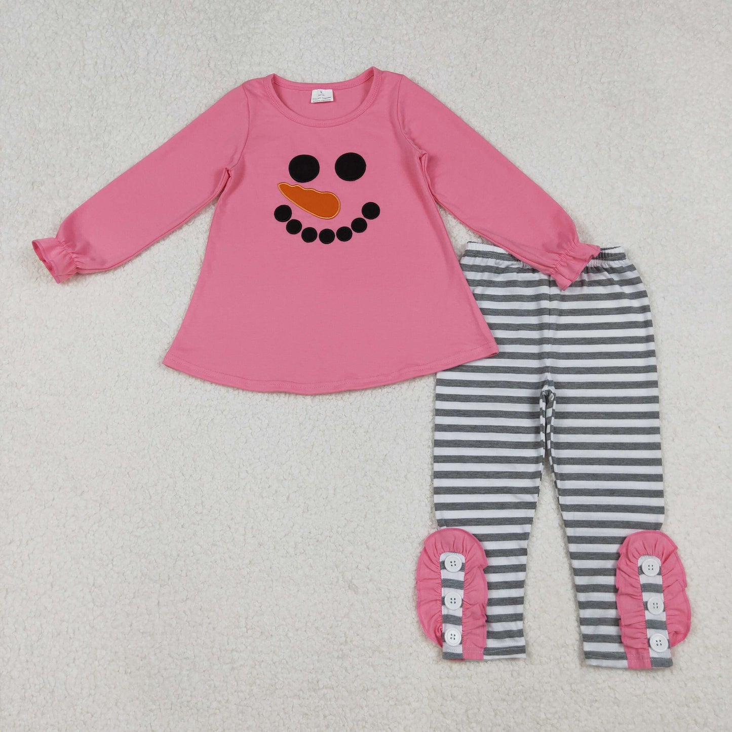 embroidery GLP2728 Christmas snowman pink long sleeve grey striped pants girls set