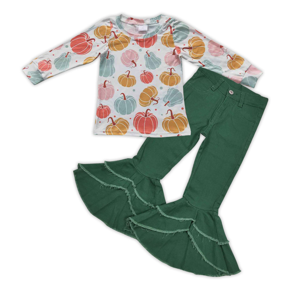 GLP0786 Pumpkin long sleeve green denim pants girls pants set