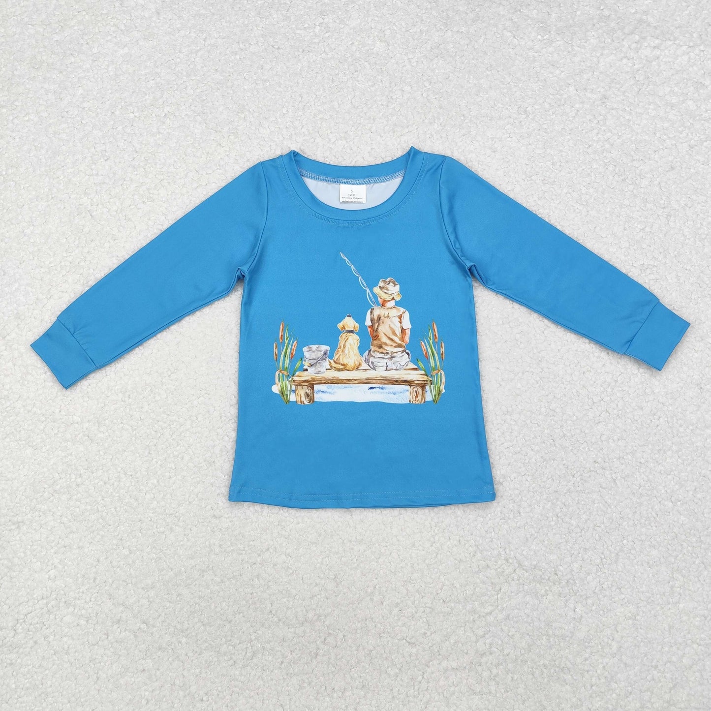 BT0895 hunting fishing dog blue long sleeve boys top