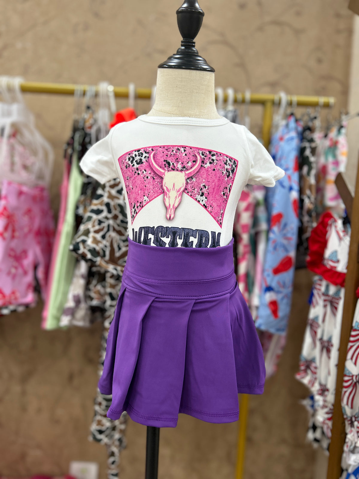 Western cow short sleeve yoga purple skirt skort girls set