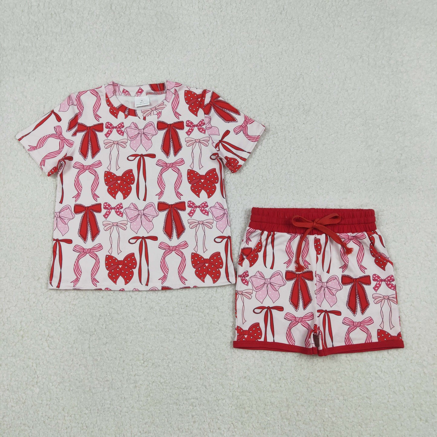 GSSO2737 red pink bows short sleeve shorts girls set
