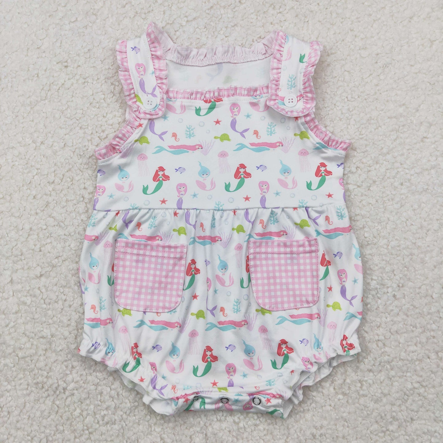 SR2880 cartoon mermaid pink pockets girls romper