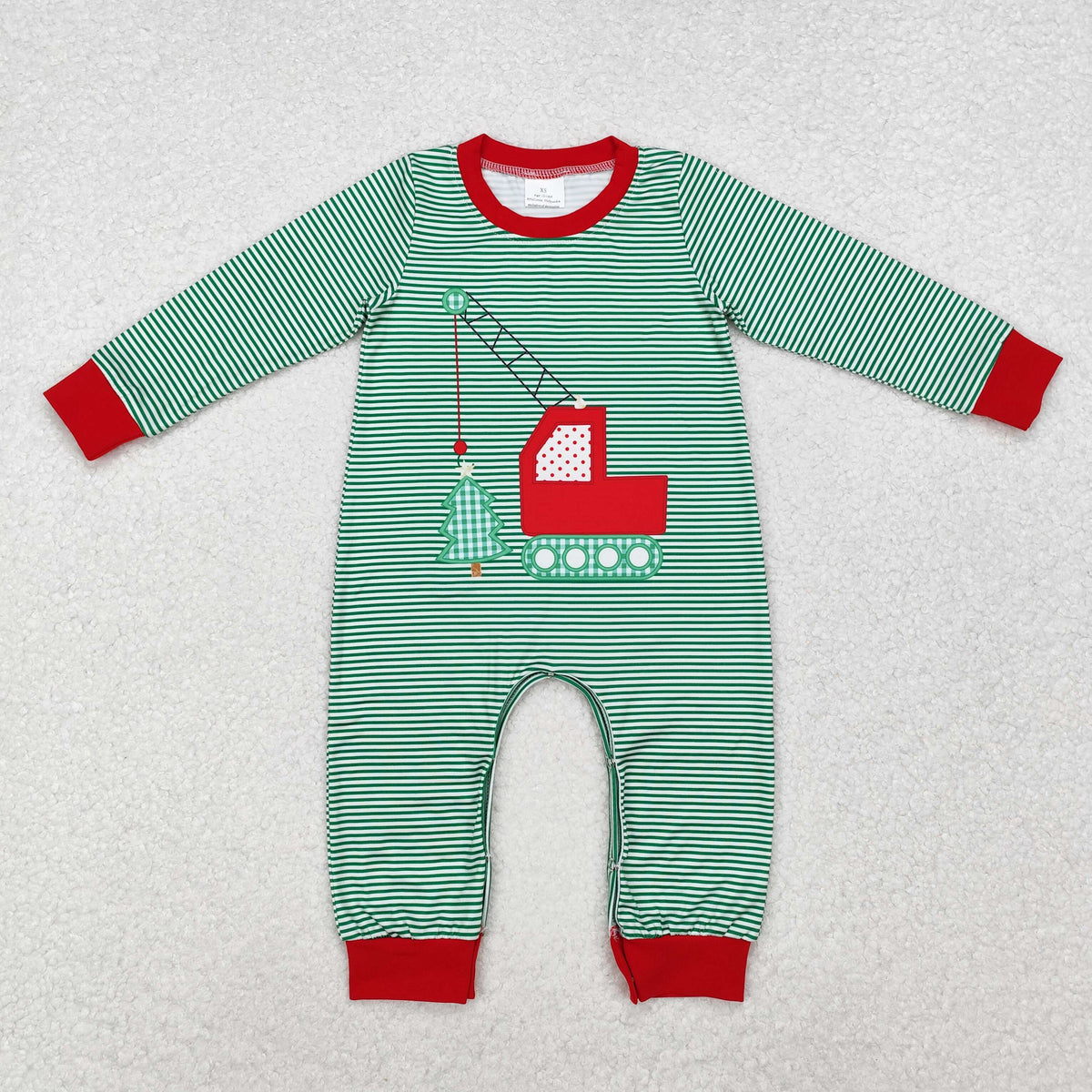 LR1402 Christmas construction truck tree green striped long sleeve boys romper