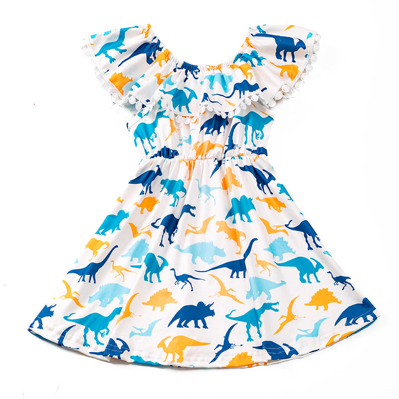 custom moq 3 colorful dinosaur flutter sleeve girls dress