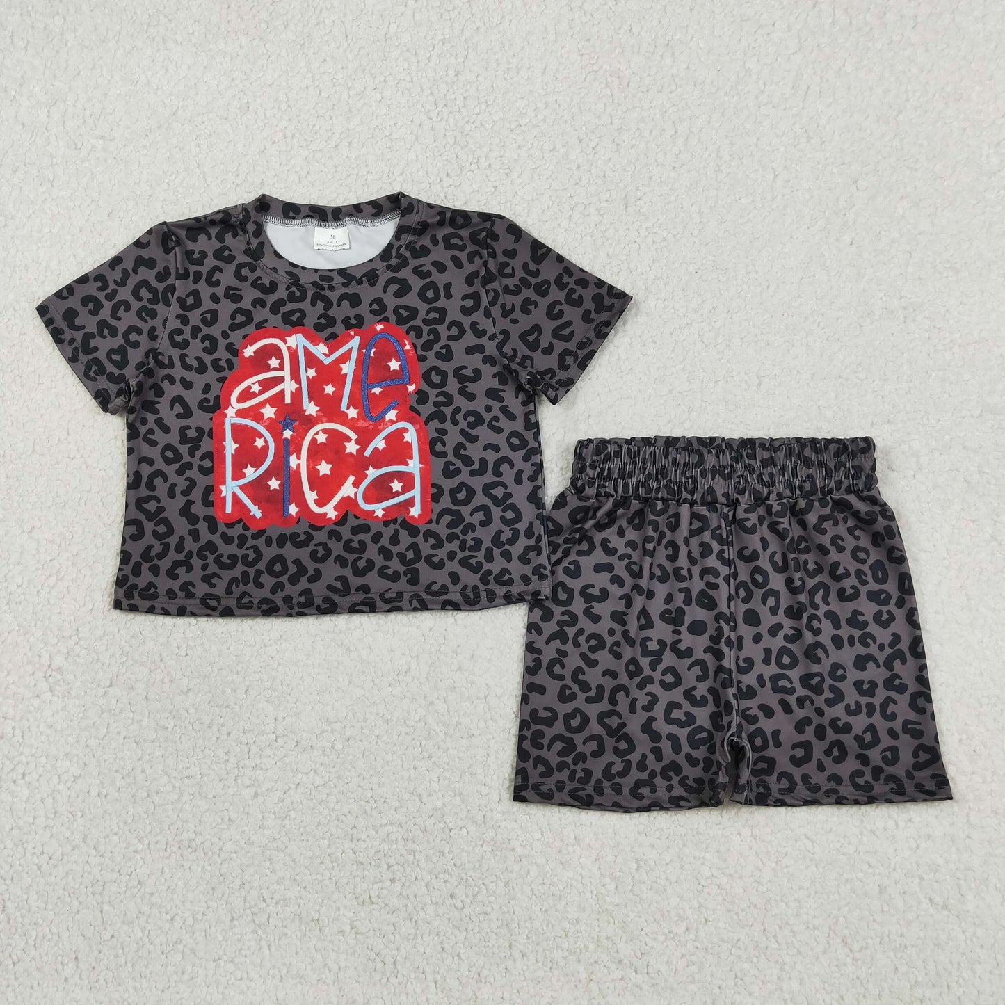 GSSO2576 July 4th america black leopard short sleeve shorts girls set
