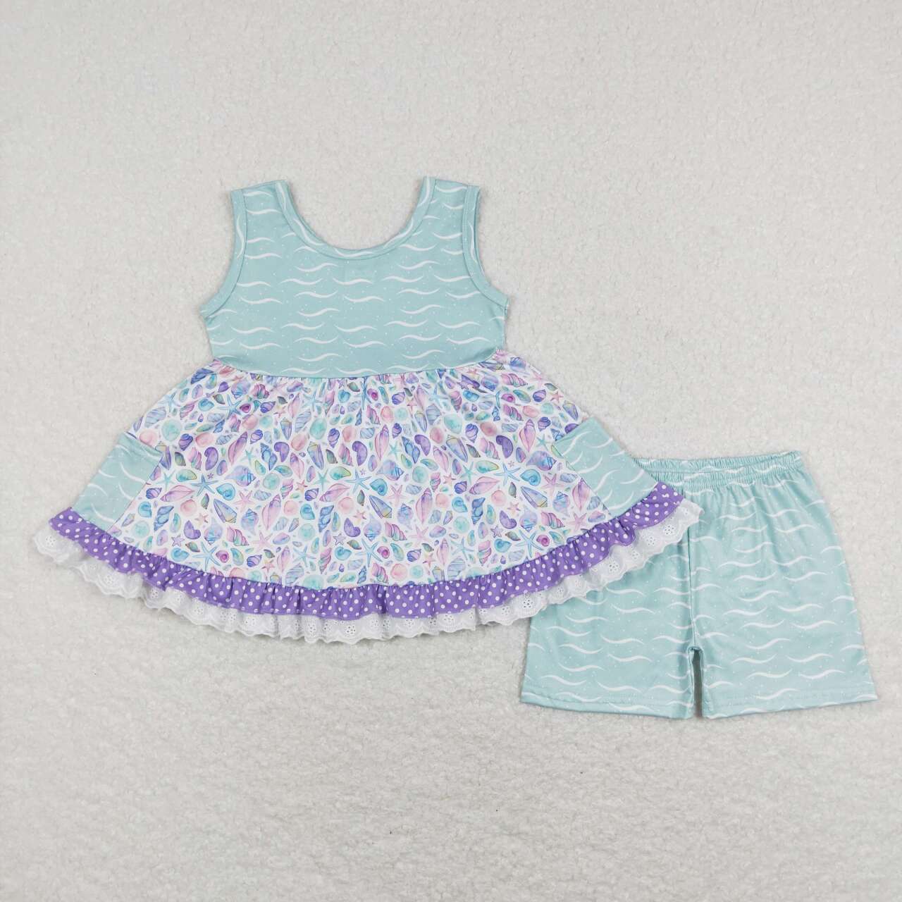 GSSO0404 Shell Starfish pockets sleeveless green shorts girls set
