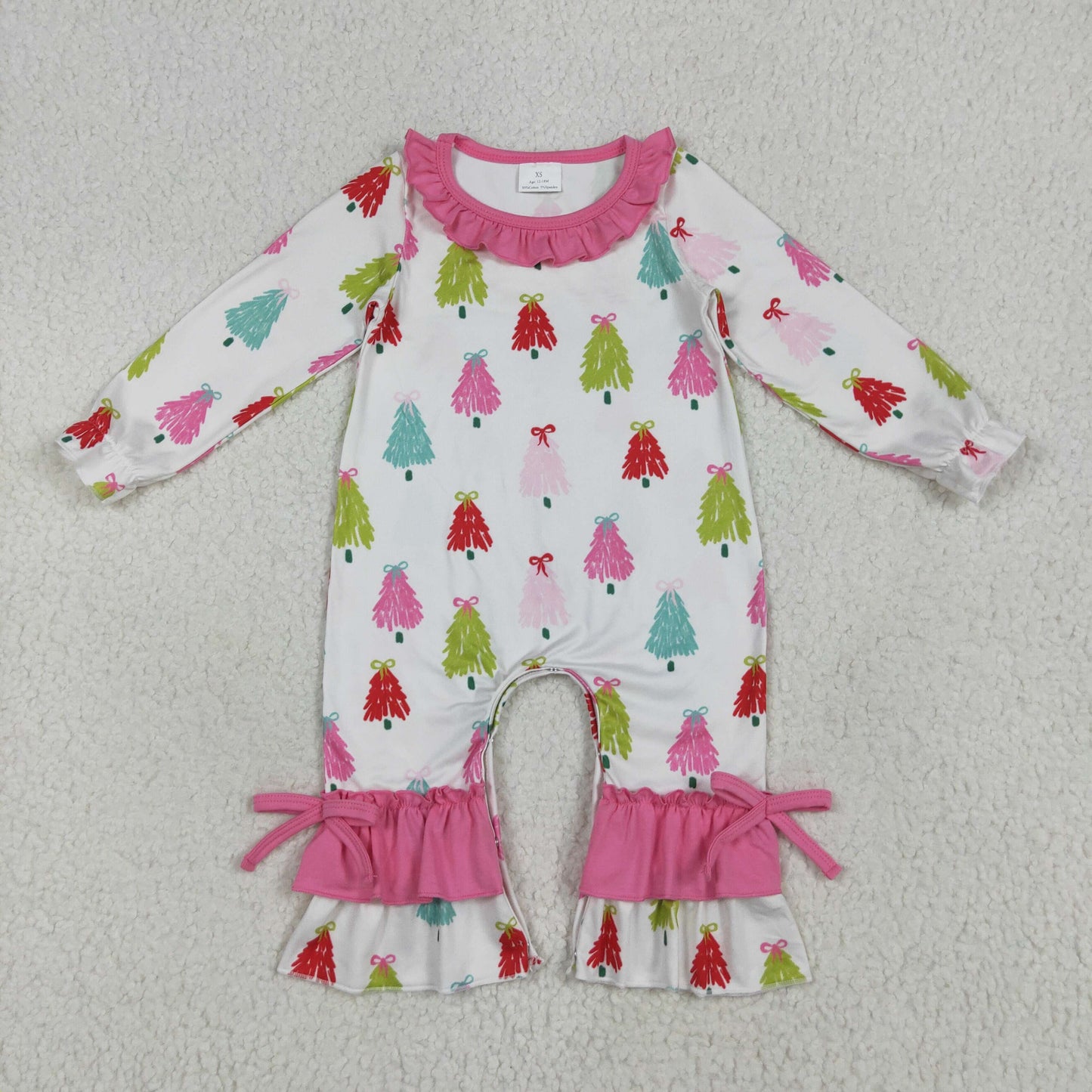 LR2280 Christmas colorful tree hot pink long sleeve girls romper