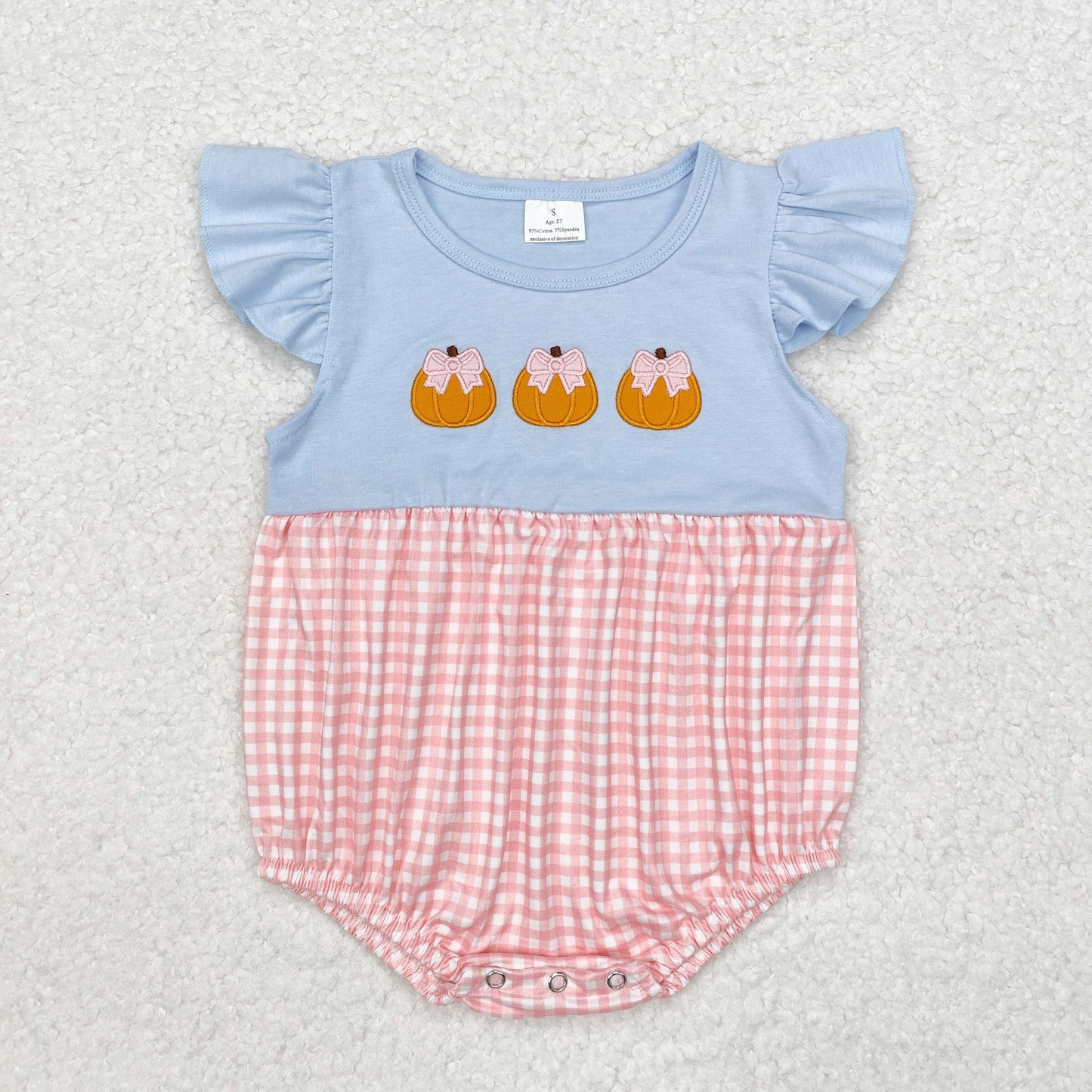embroidery SR1962 Autumn pumpkin blue pink checekred flutter sleeve girls romper