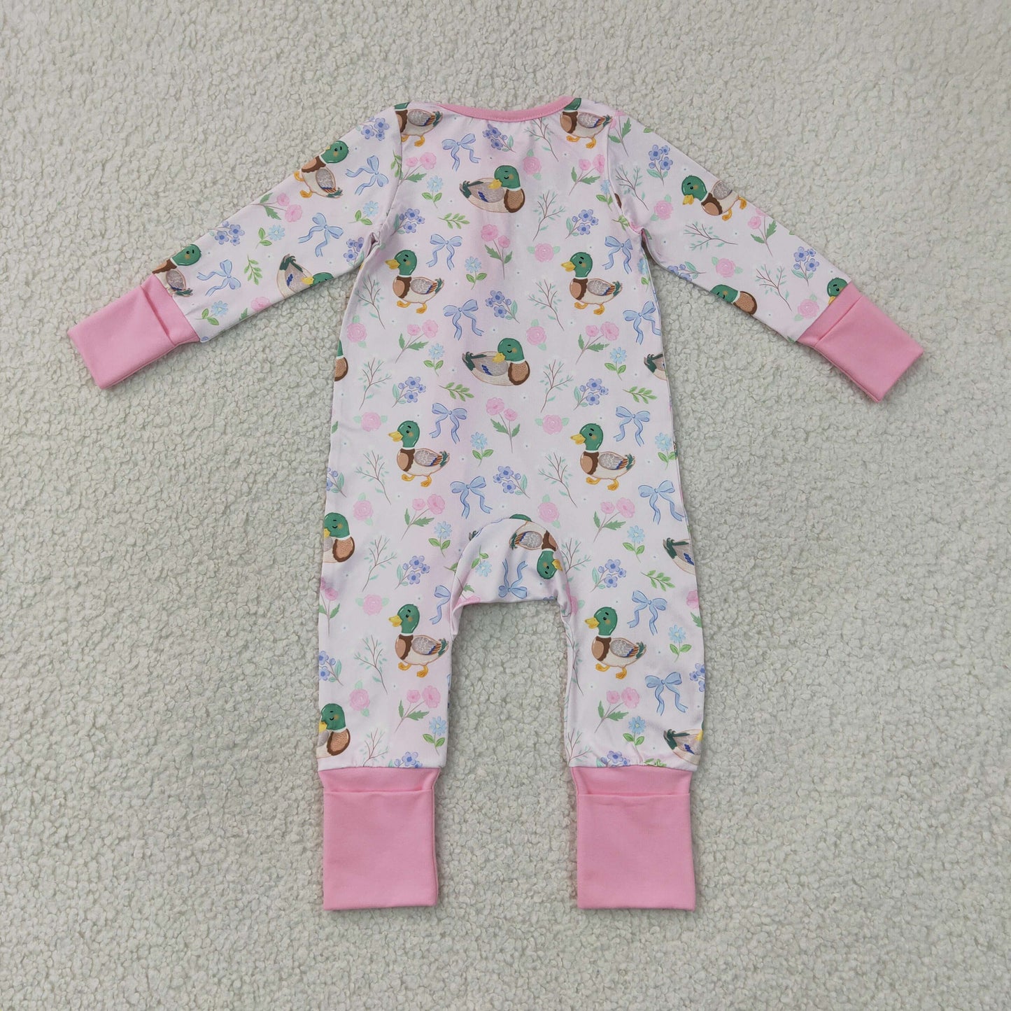 LR3071 Hunting Mallard Duck Bows Pink Zipper Long Sleeve Girls Romper
