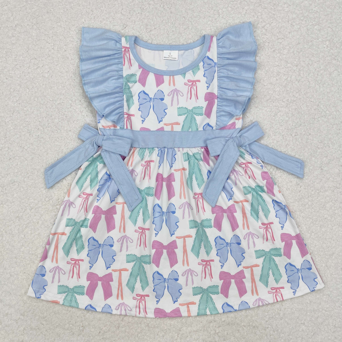 GSD1449 colorful cute bows flutter sleeve girls blue bows dress