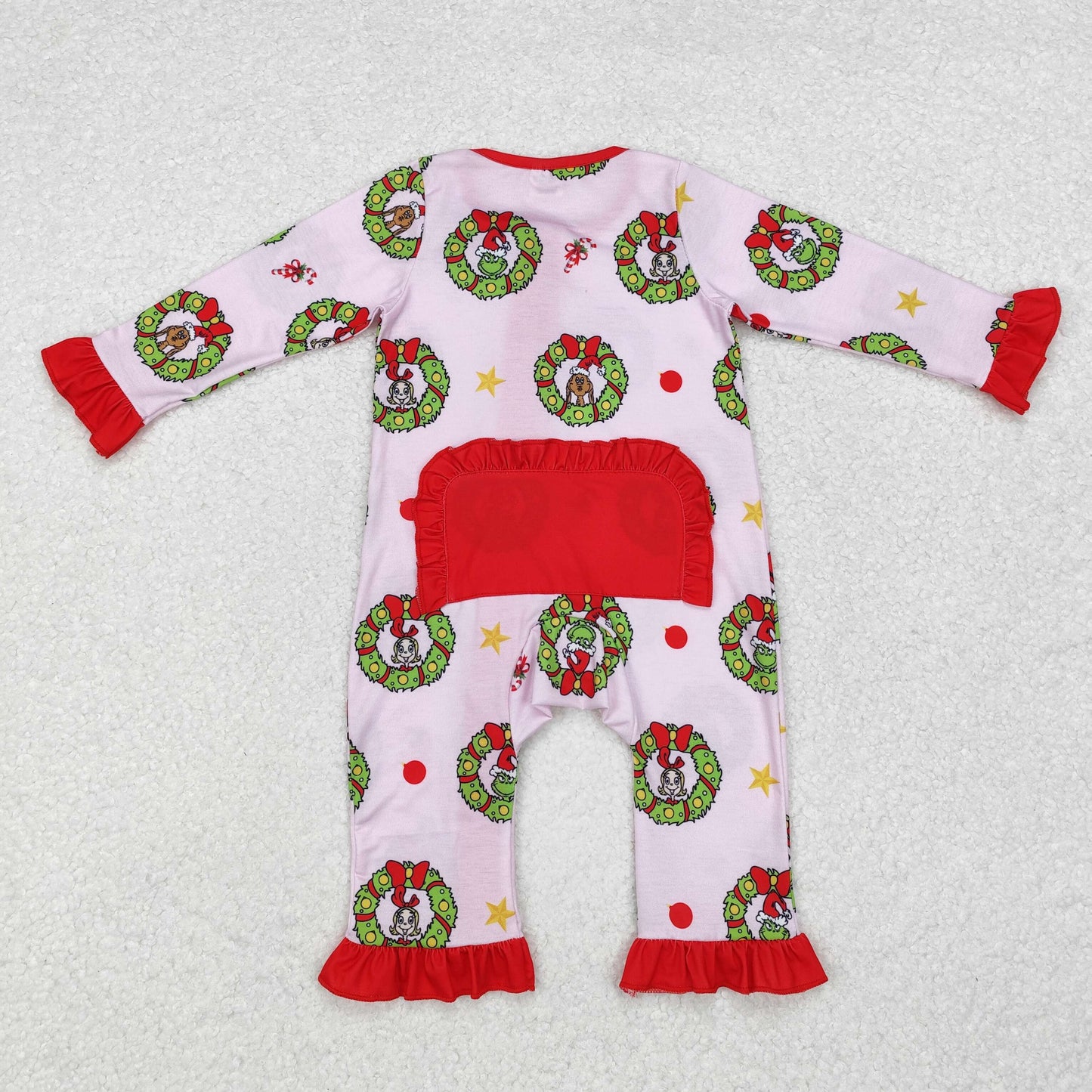 bamboo LR1664 Christmas green face pink long sleeve zipper girls romper