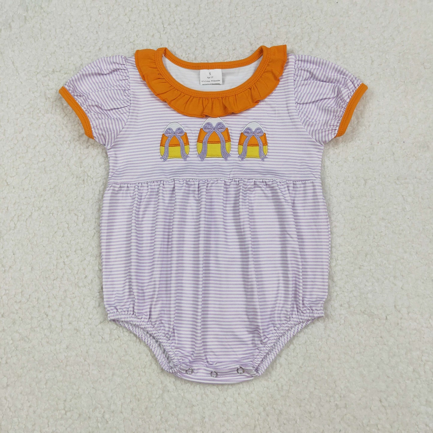 embroidery SR3202 Halloween corn candy purple striped short sleeve girls romper