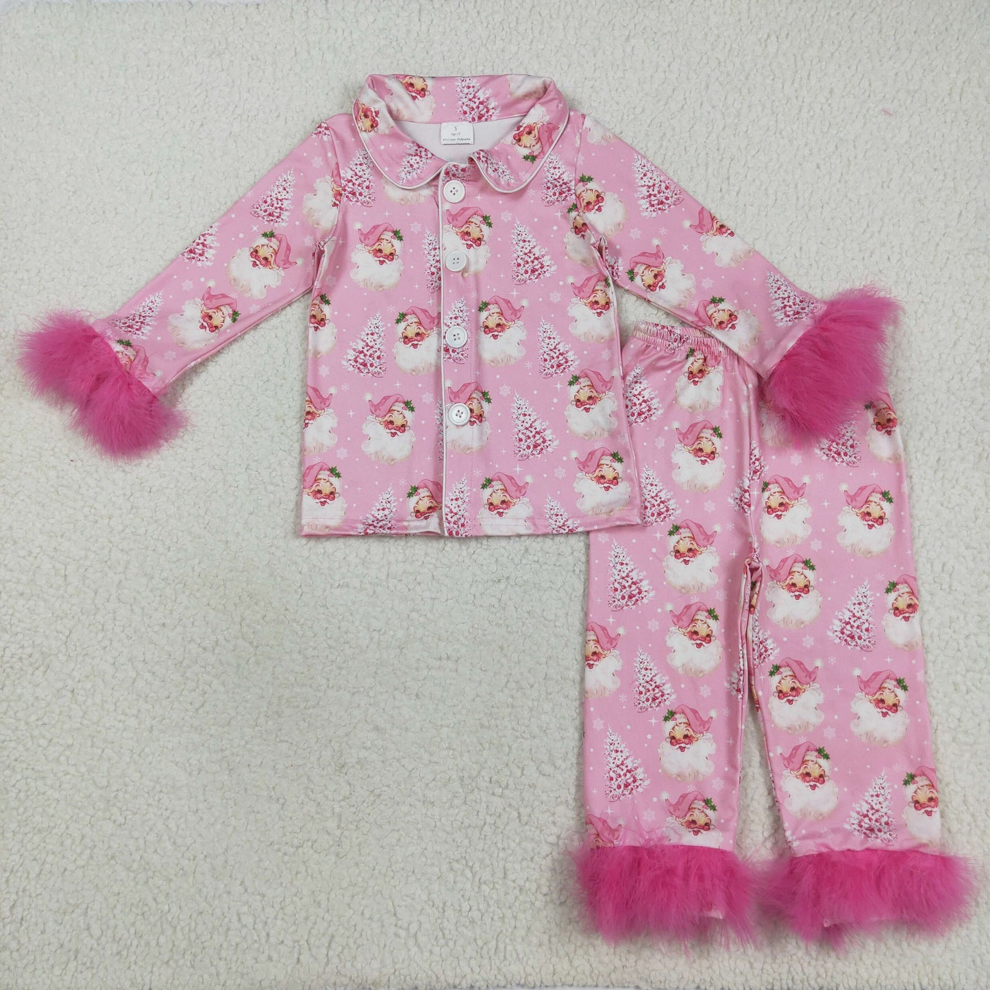 GLP2424 Christmas Santa tree pink long sleeve pants girls fur pajamas