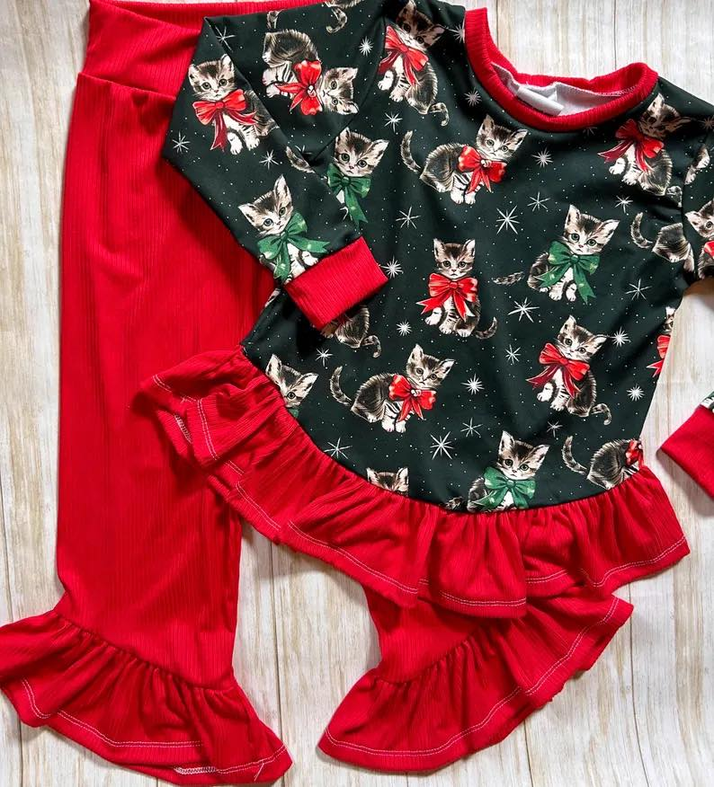 Preorder GLP2199 Christmas cartoon cat bows black long sleeve red pants girls set