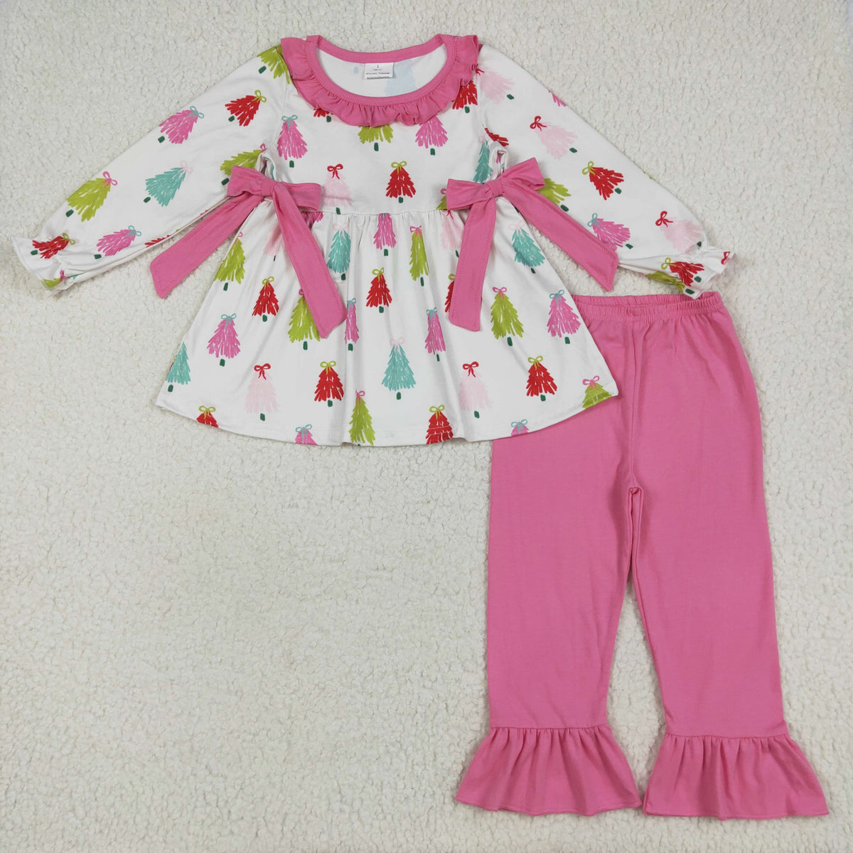 GLP2422 Christmas colorful tree with bows long sleeve hot pink pants girls set