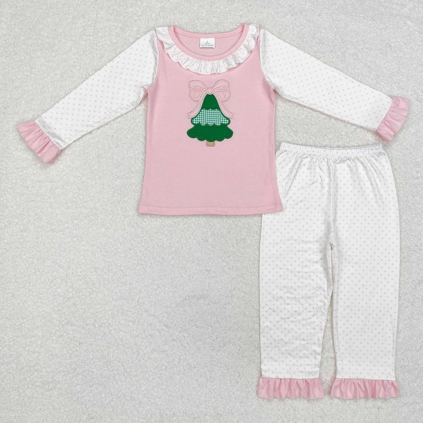 embroidery GLP1628 Christmas tree pink long sleeve pink dot pants girls set