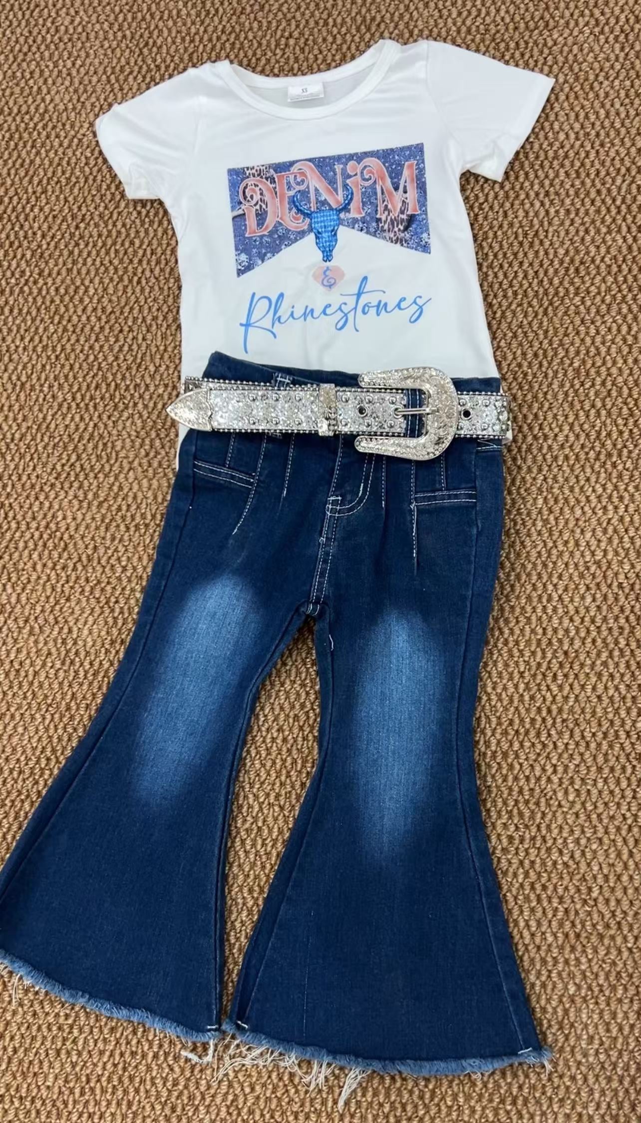 3pcs Western Cow Cowgirl Short Sleeve Blue Jeans Girls Set With Shiny Belt