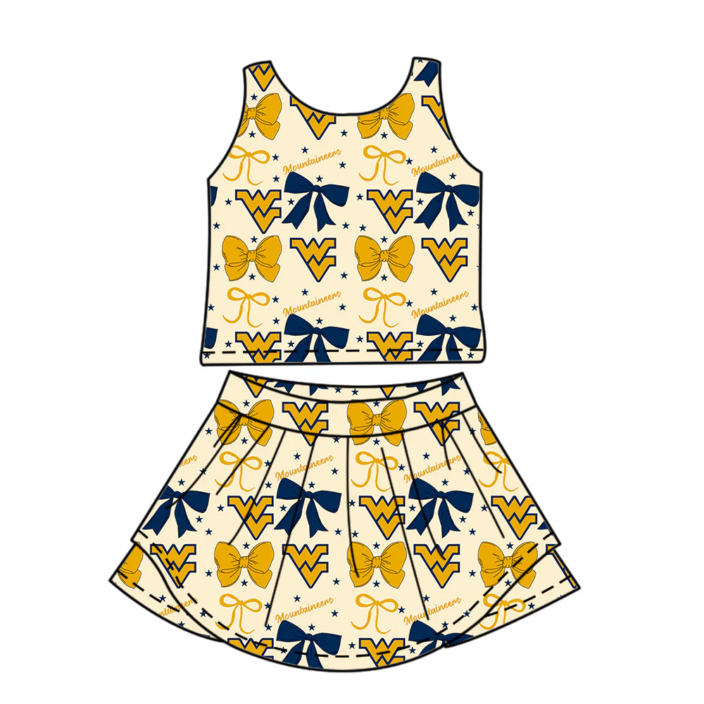 custom moq 3 football WV bows yellow sleeveless skorts girls set