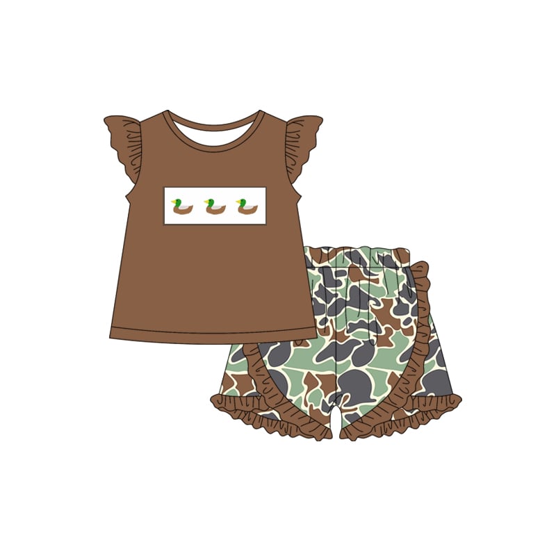 preorder hunting duck mallard brown flutter sleeve camo shorts girls set