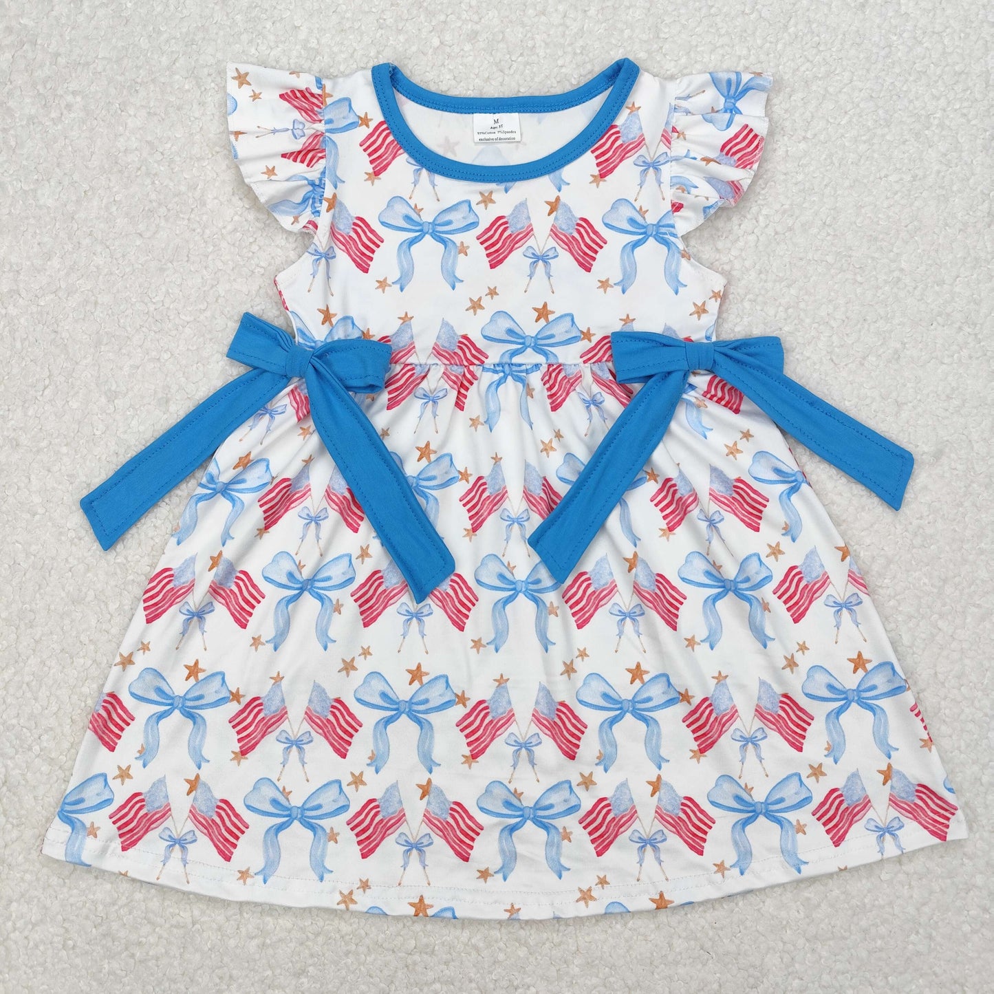 GSD1825 July 4th Flag Bows Blue Bows Flutter Sleeve Girls Dress