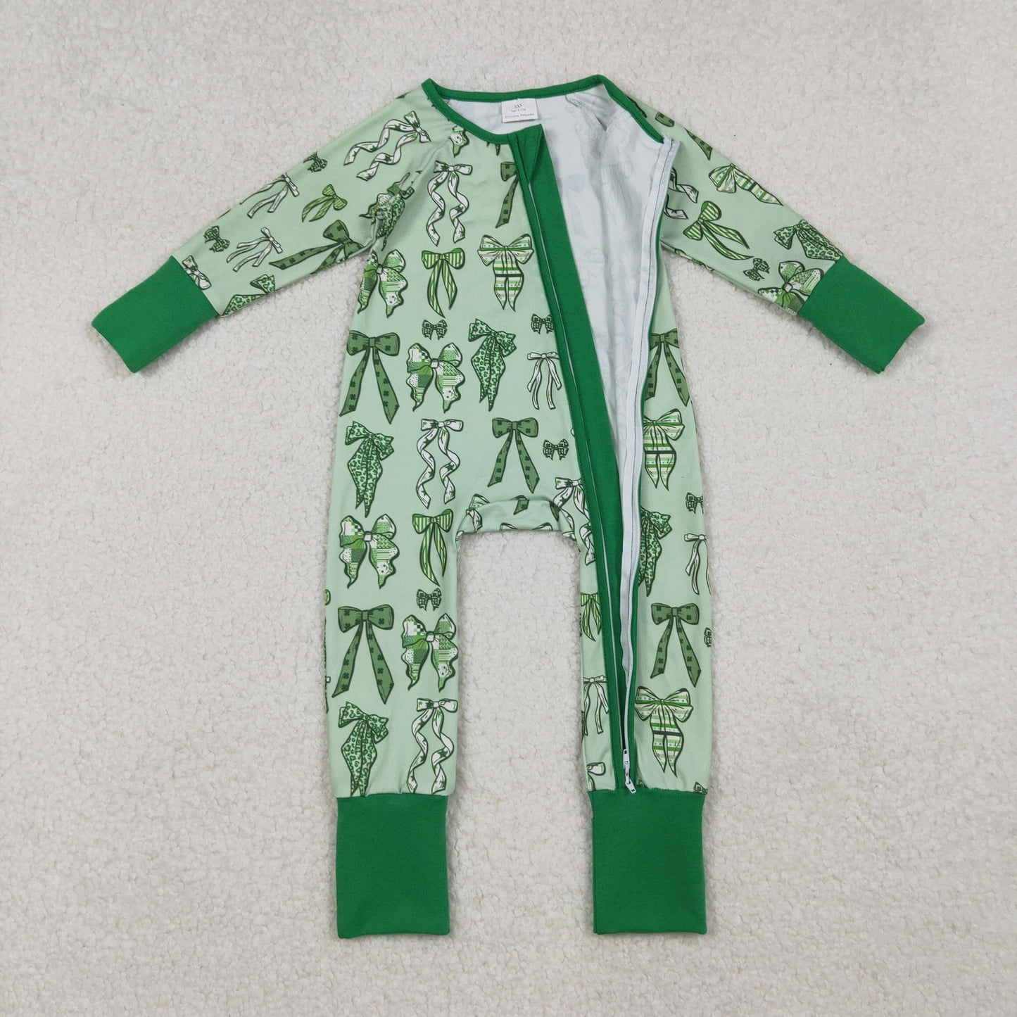 LR2654 St Patrick coquette bows green bows zipper long sleeve girls romper
