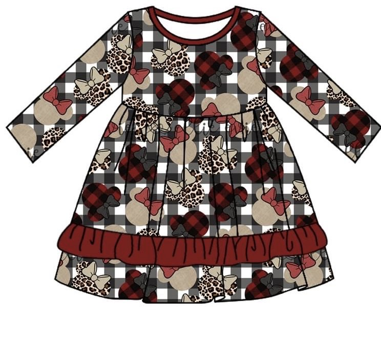Preorder GLD0962 Christmas cartoon M leopard black checkered long sleeve girls dress