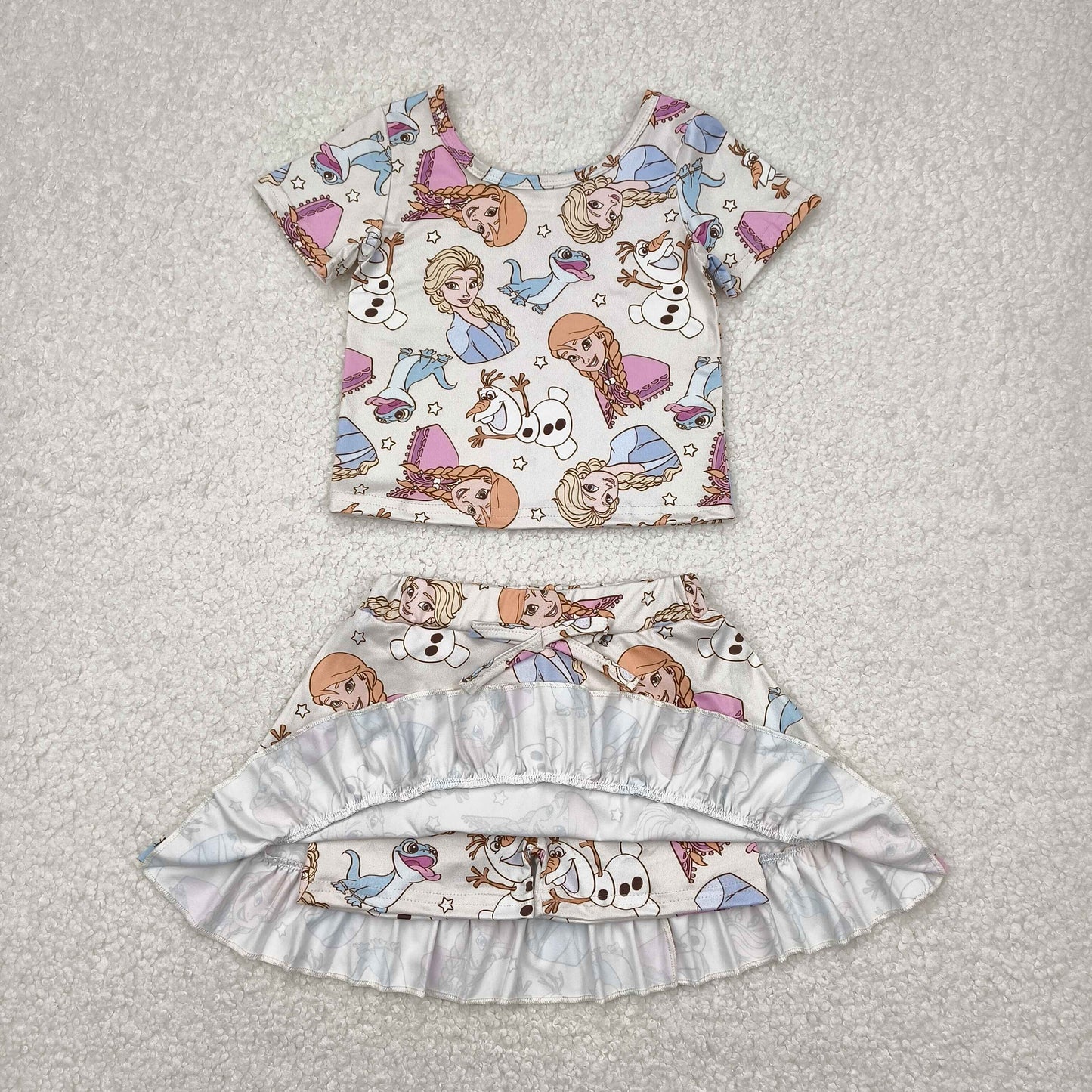 GSD2358 cartoon ice princess snowman short sleeve skirt girls set