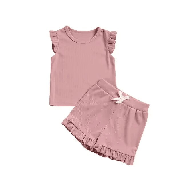 custom S cotton dark pink flutter sleeve shorts girls set