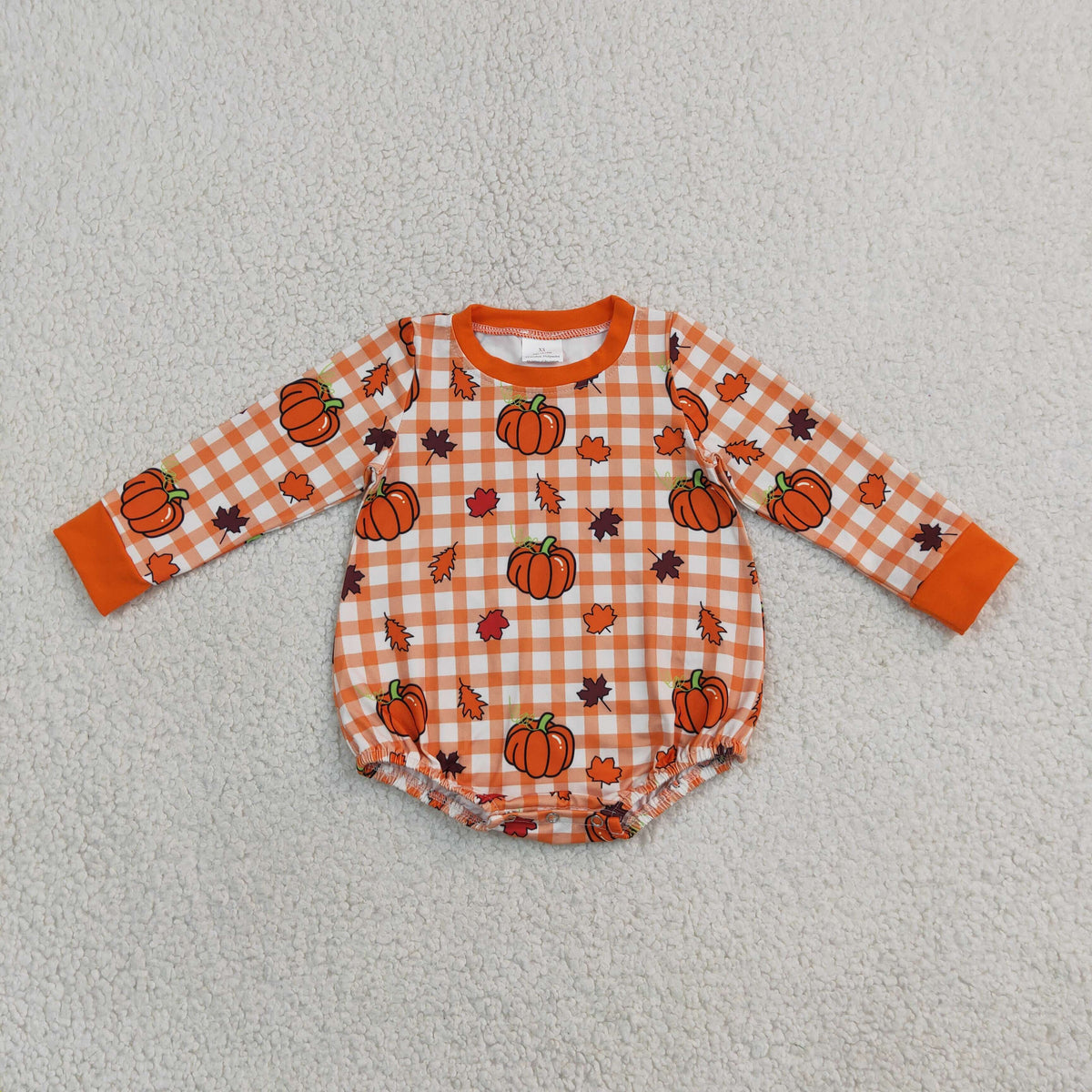 LR3236 Pumpkin Checkered Long Sleeve Boys Romper