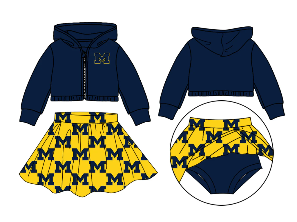 custom moq 3 football item M navy blue zipper long sleeve coat yellow skorts skirt girls set