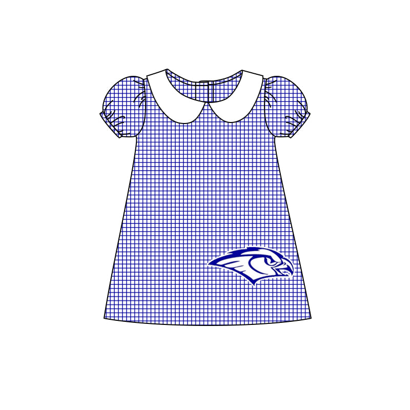custom football team WARHAWKS eagle blue checkered short sleeve girls dress