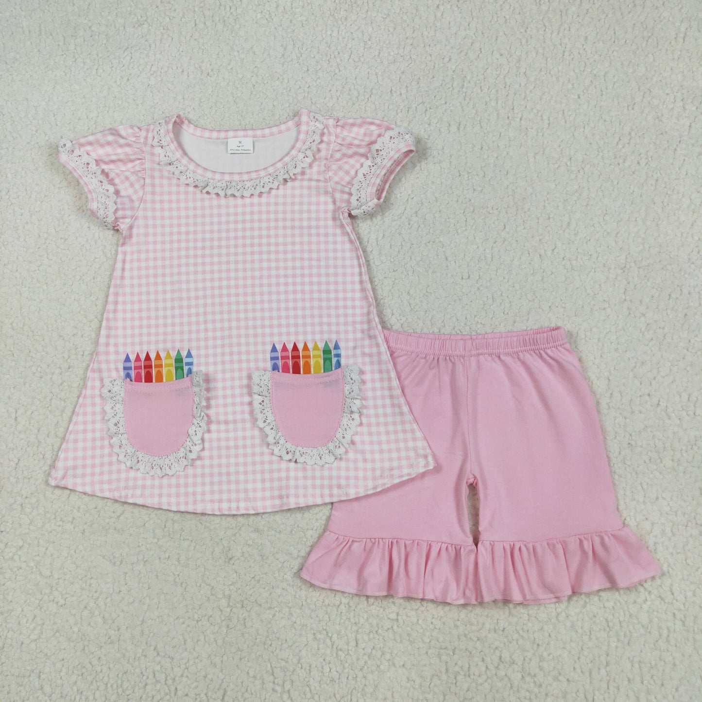 GSSO2388 back to school pink checkered pockets short sleeve pink shorts girls set