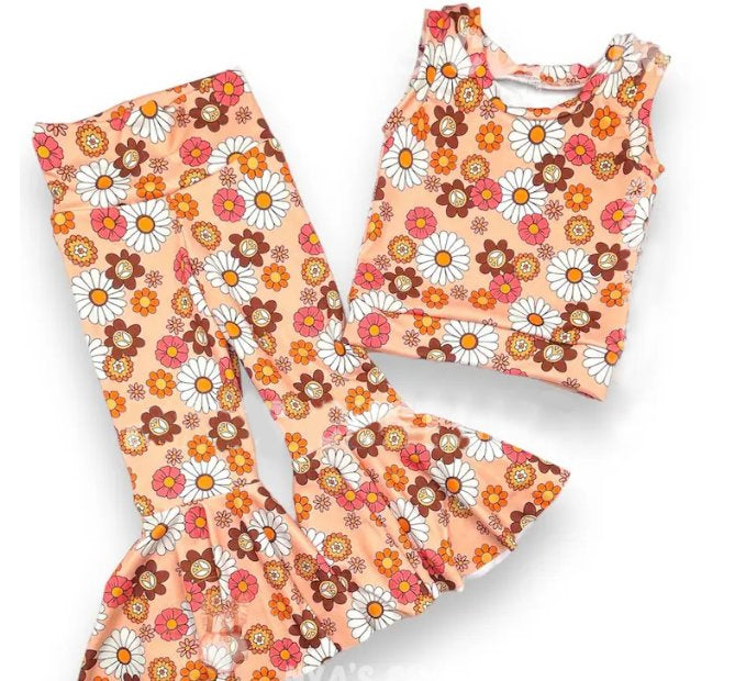 preorder GSPO1432 Colorful flowers orange sleeveless pants girls set