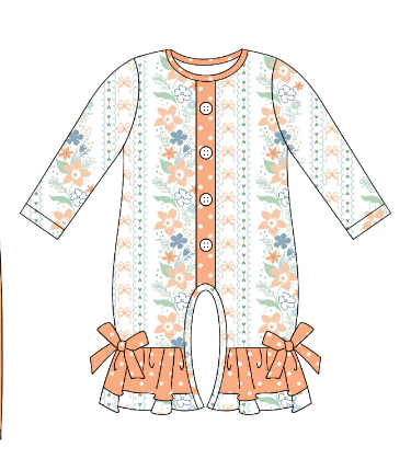 custom moq 3 colorful flowers floral orange long sleeve girls romper