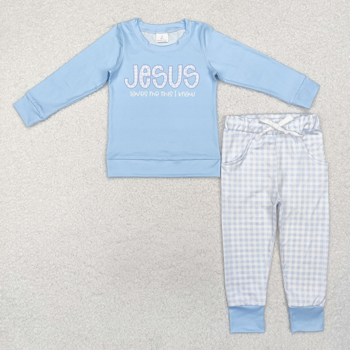 BLP0767 JESUS blue long sleeve blue checkered pants boys set