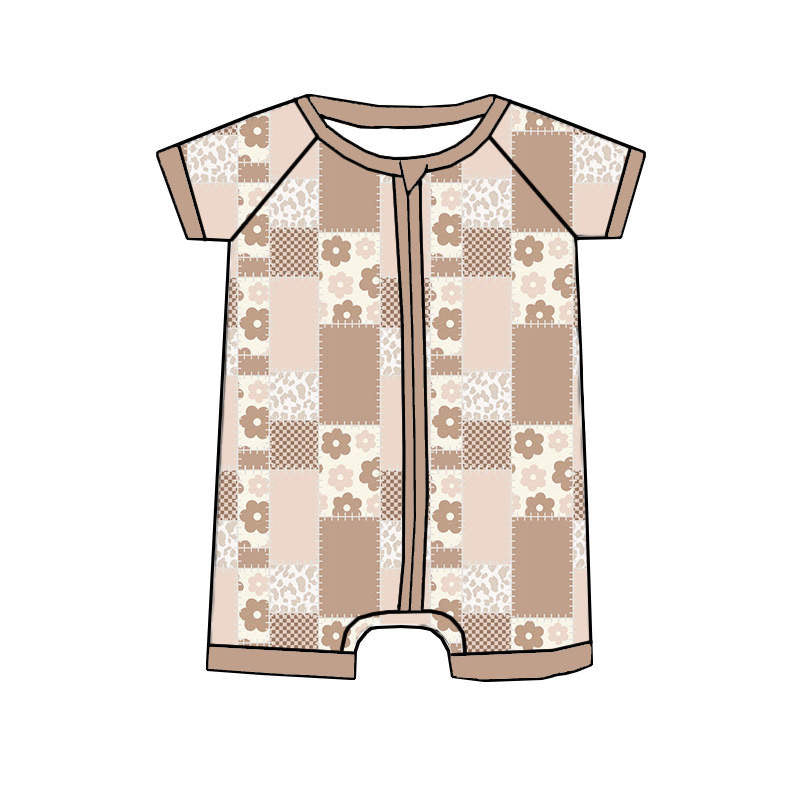 custom style bamboo pink patchwork check printing short sleeve boys girls romper