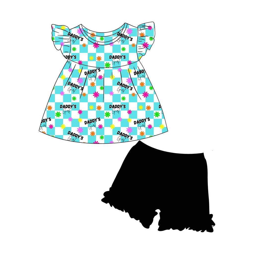 custom daddy's girl flowers green checkered flutter sleeve black ruffles shorts girls set
