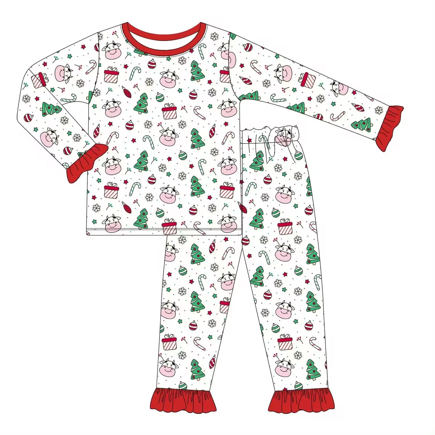 custom S Christmas cane candy tree cow long sleeve pants girls pajamas