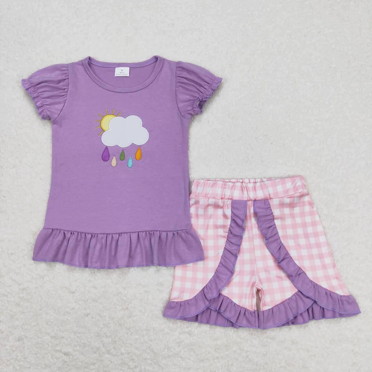 GSSO0657 embroidery Rain purple short sleeve pink checkered ruffles shorts girls set