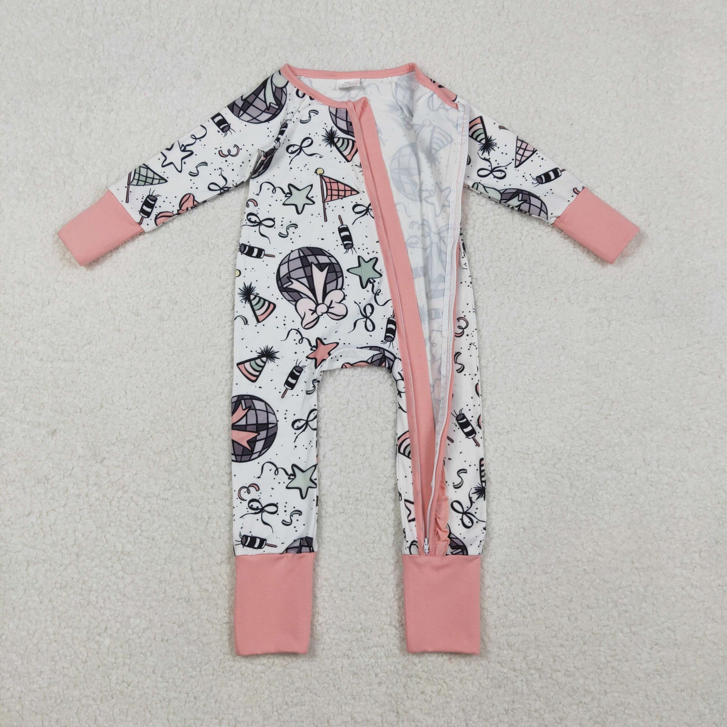 LR2571 Christmas green face tree pink zipper long sleeve girls romper
