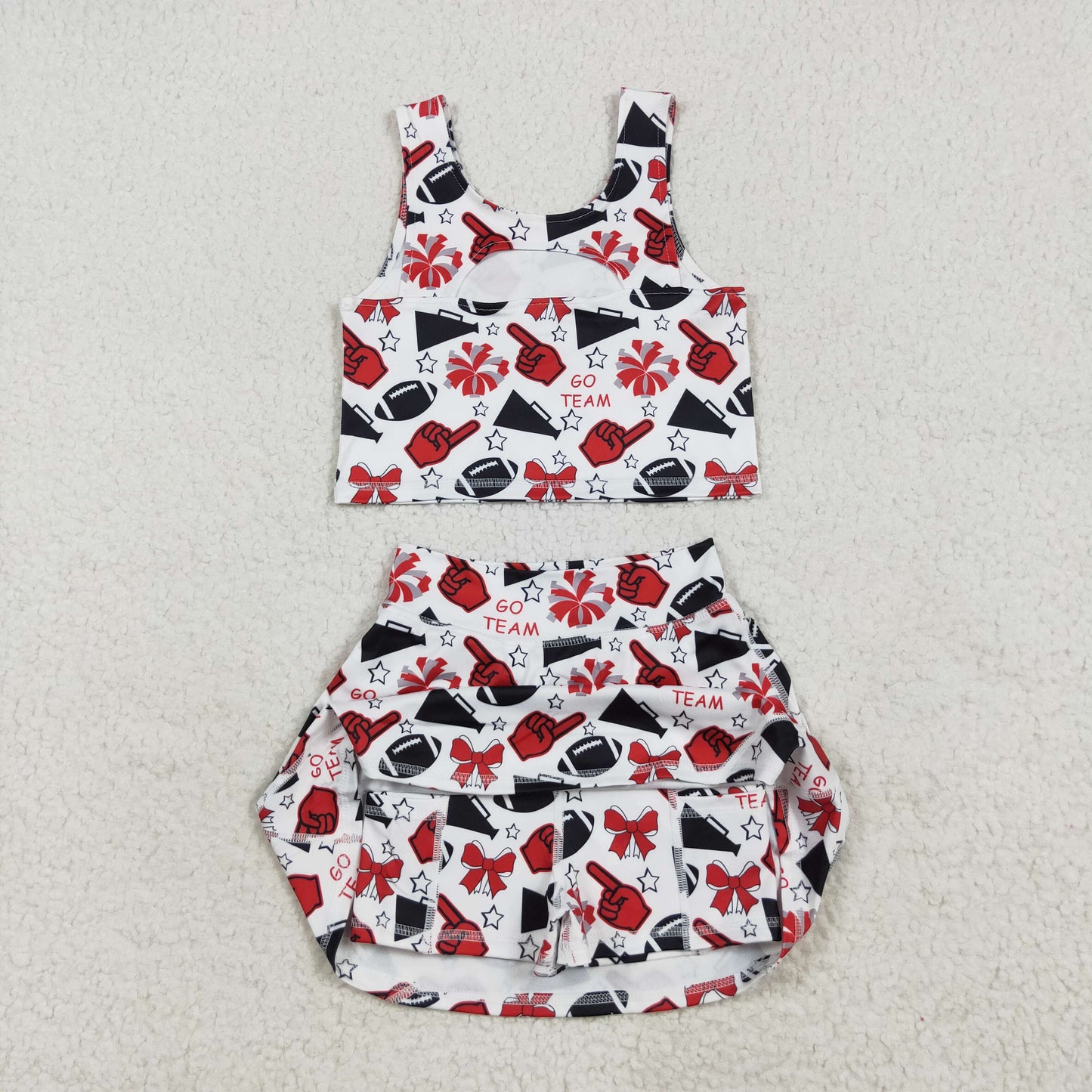 GSD2693 football team cheer bows red/black sleeveless skirt skorts girls set