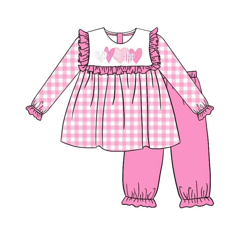 custom moq 3 Pink heart long sleeve hot pink pants girls set