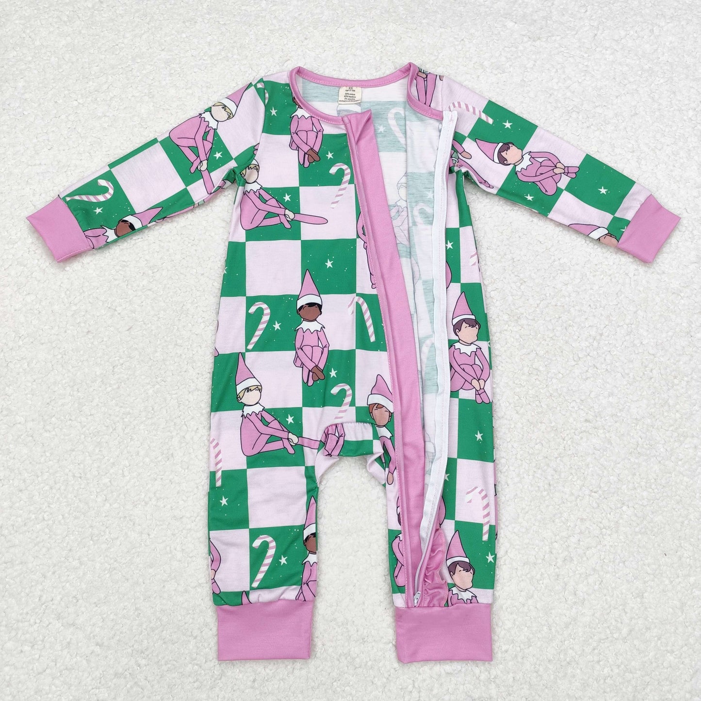 bamboo LR1818 Christmas cane candy spirit pink long sleeve zipper girls romper