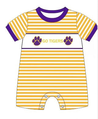 custom S go tigers yellow dot purple short sleeve boys romper