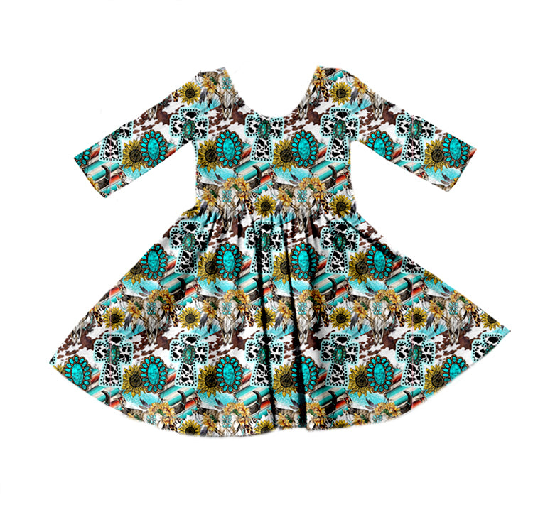preorder GLD0395 Western cow sunflowers turquoise long sleeve girls dress