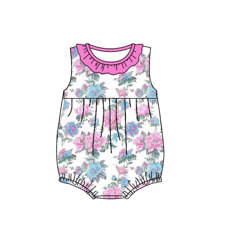 custom style blue pink flowers 2 sleeveless girls romper
