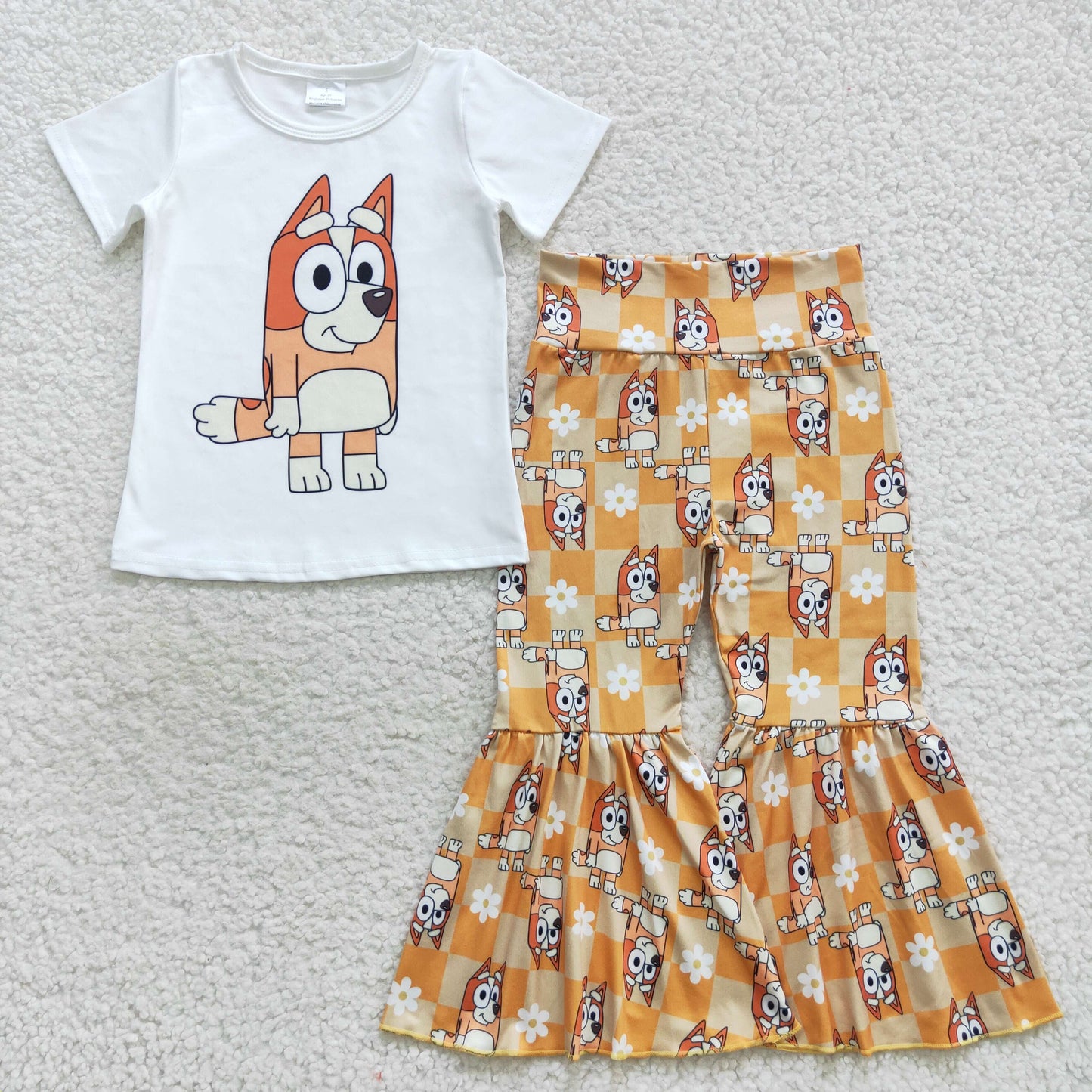 GSPO0860 Orange cartoon dog short sleeve pants girls set