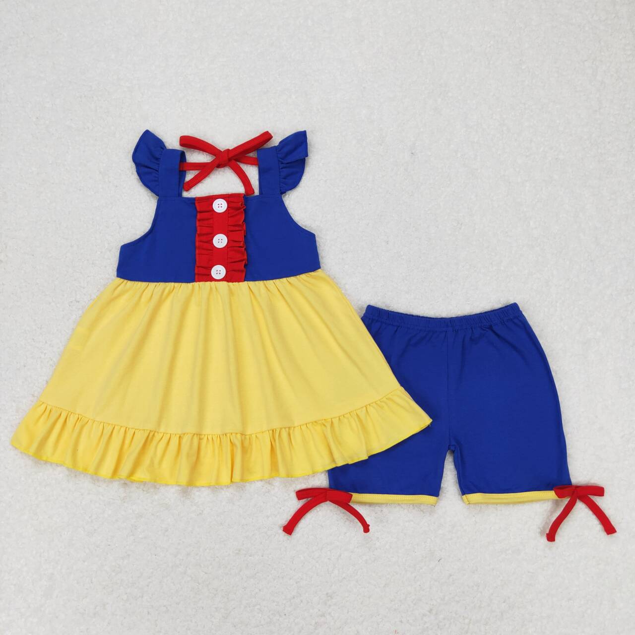 GSSO0967 cartoon princess yellow flutter sleeve blue shorts girls set