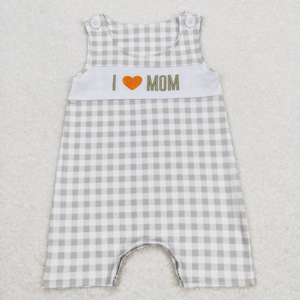 SR1132 embroidery I love Mom green checkered sleeveless boys romper