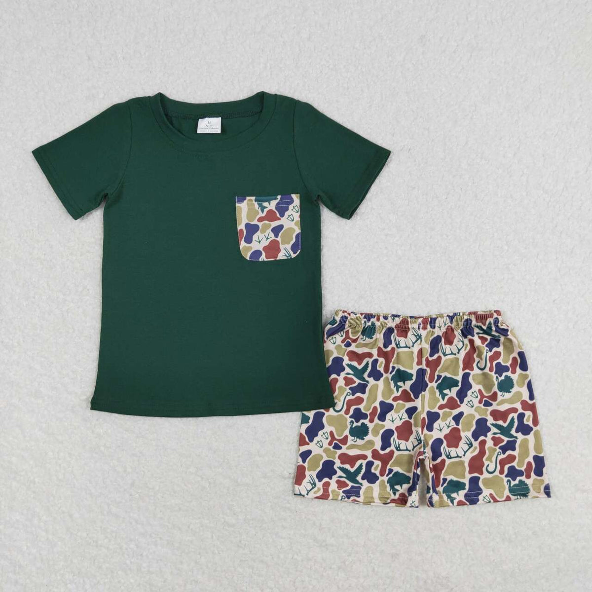 BSSO0923 dark green pocket short sleeve camo mallard shorts boys set